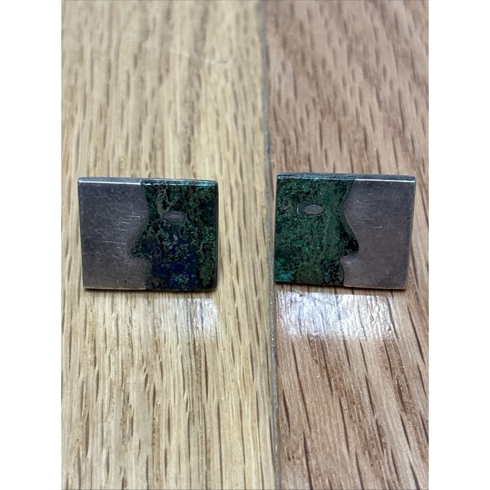 Vintage Sterling Rectangle Silver Agate Face Profile Cuff Links